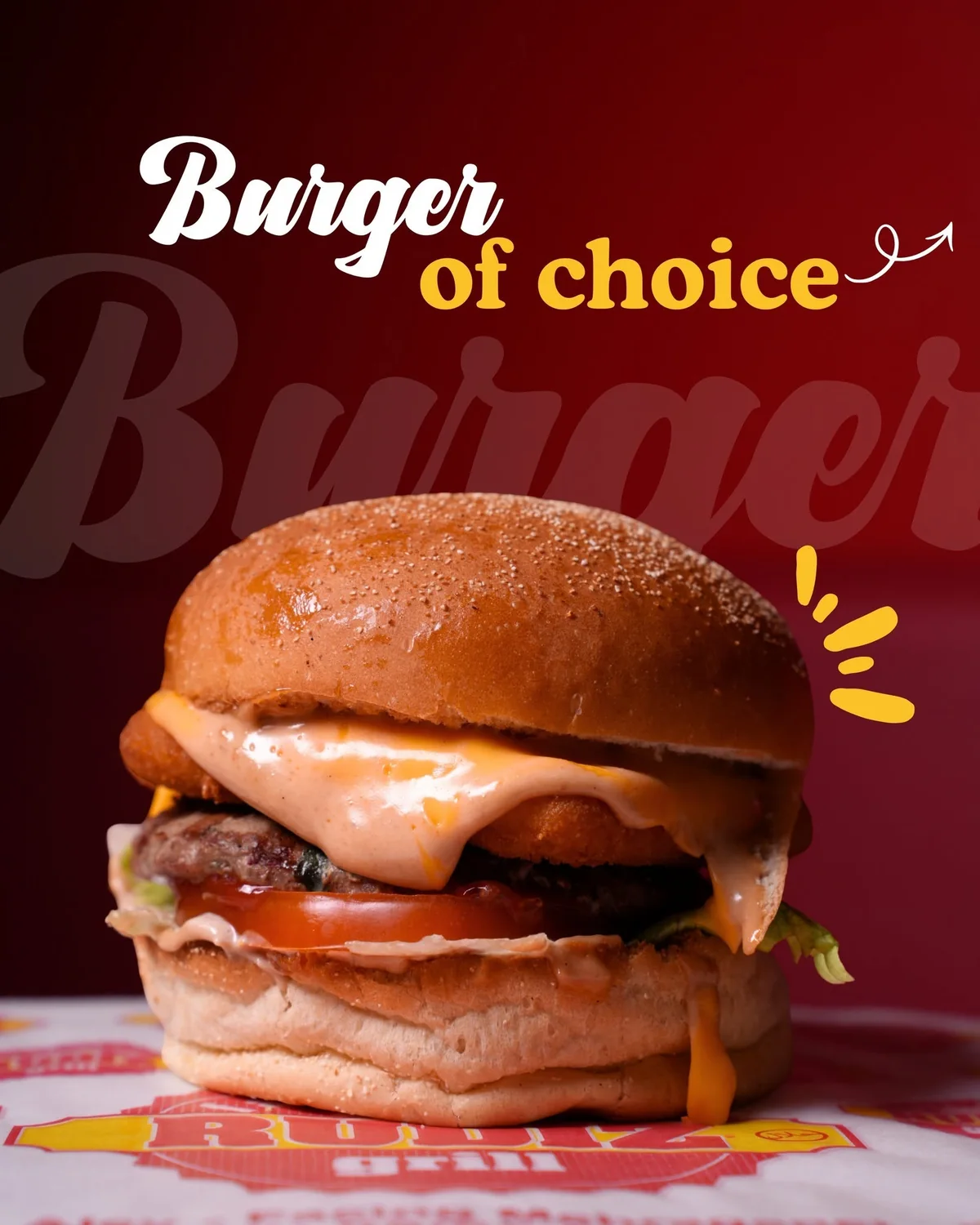 RUDIZ burger on a red branded background